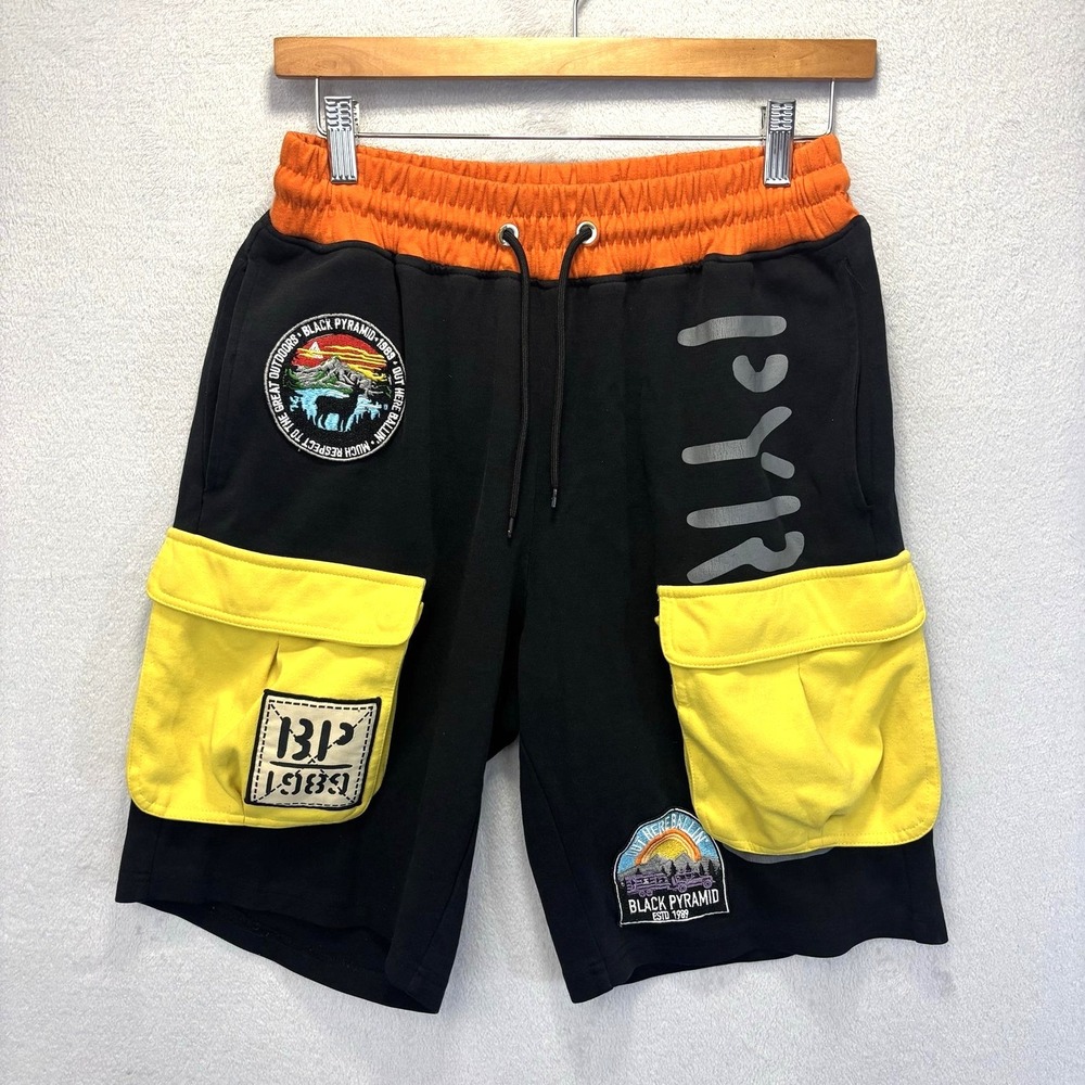 Black Pyramid Chris Brown Knit Cargo Shorts Mens M‎ Colorful Patchwork Pockets